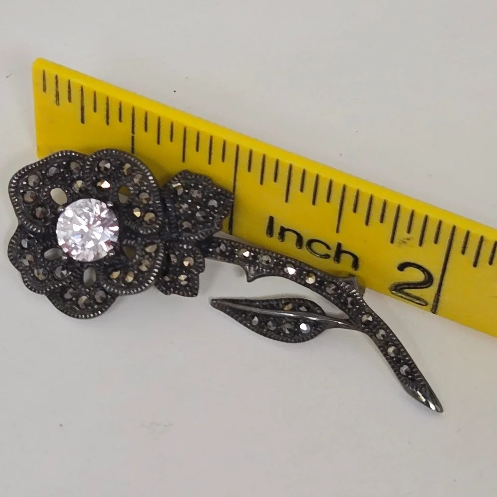 Judith Jack Sterling Silver‎ Marcasite Flower Brooch Pin Cubic Zirconia Rose JJ